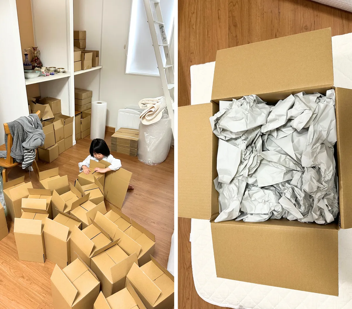 段ボール作りを手伝う子どもと、梱包を終えた箱