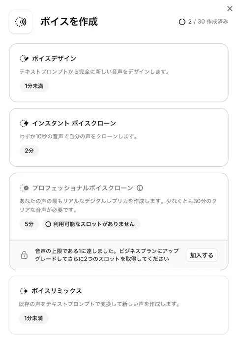 イレブンラボの「ボイスを作成」の画面。ボイスデザイン、インスタントボイスクローン、プロフェッショナルボイスクローン、ボイスリミックスの4つの選択肢