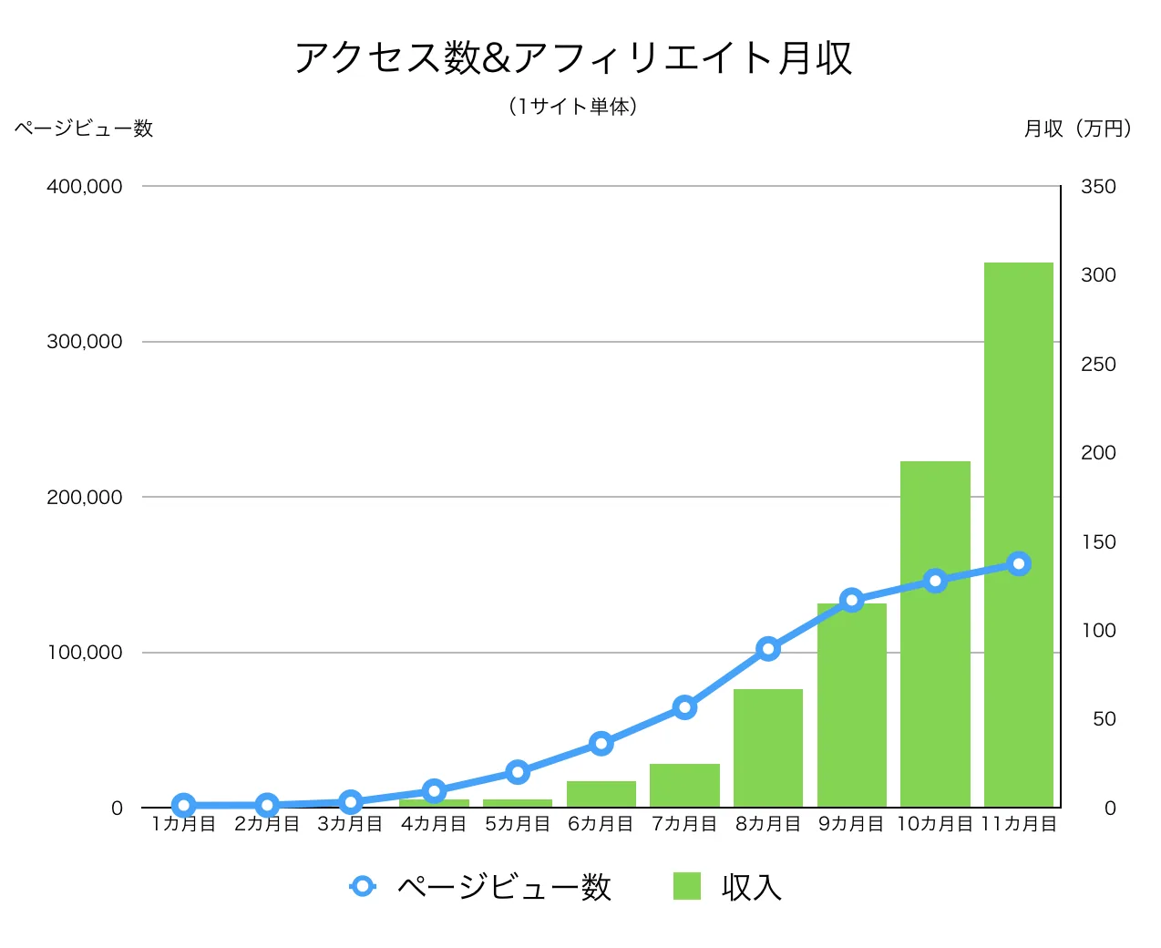 サイト開設直後から11カ月間のアクセス数&収益